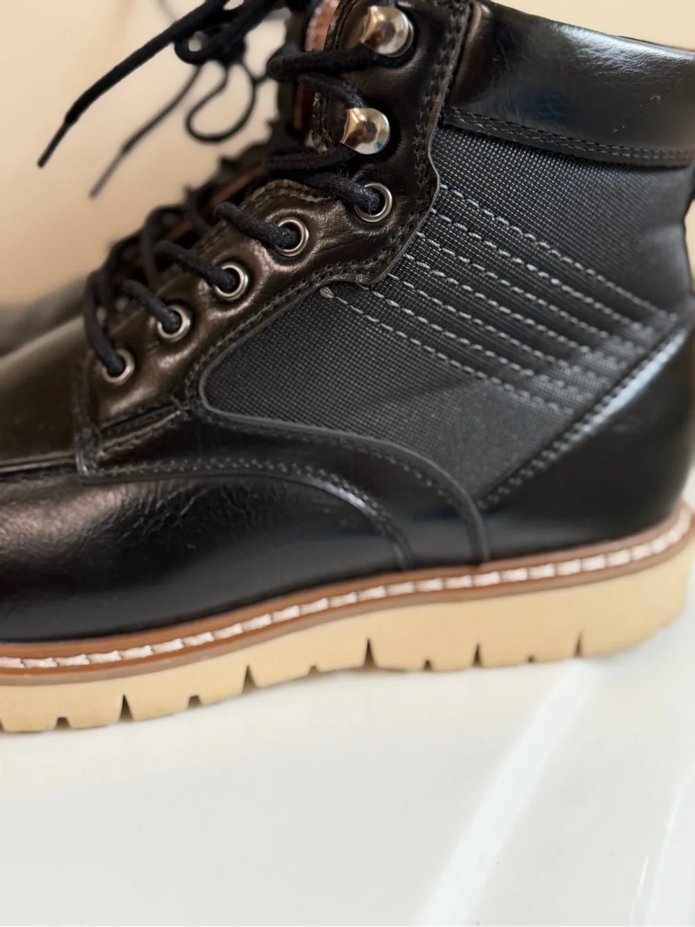 Steve Madden Black Leather Moc-Toe Lace-Up Boots with Tan Crepe Sole